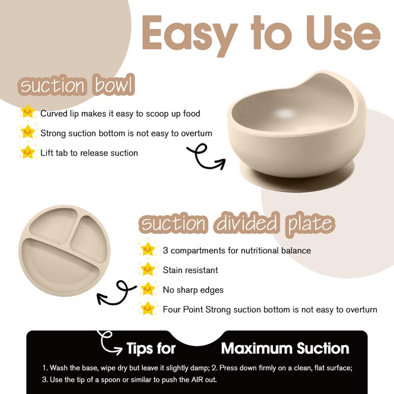 Catvegue Baby Led Weaning Supplies, 17 Piece BPA-Free Silicone Feeding Set, Eating Essentials Baby Utensils with Suction Plate and Bowl, Pocket Bib, Sippy Cup with Lid, for 6+ Months, Beige - Image 5