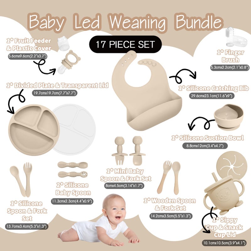 Catvegue Baby Led Weaning Supplies, 17 Piece BPA-Free Silicone Feeding Set, Eating Essentials Baby Utensils with Suction Plate and Bowl, Pocket Bib, Sippy Cup with Lid, for 6+ Months, Beige - Image 2