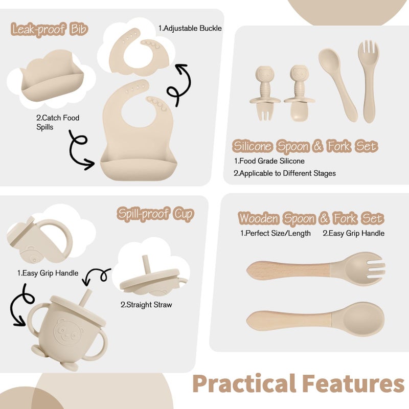 Catvegue Baby Led Weaning Supplies, 17 Piece BPA-Free Silicone Feeding Set, Eating Essentials Baby Utensils with Suction Plate and Bowl, Pocket Bib, Sippy Cup with Lid, for 6+ Months, Beige - Image 4