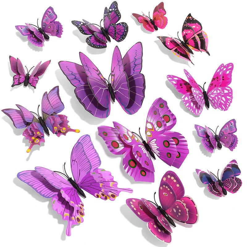 SAOROPEB 3D Butterfly Wall Decor, 24 Pcs Double Layer Butterfly Decorations for Party Decorations Locker Decor Refrigerator Decal, Reusable (Purple) - Image 1