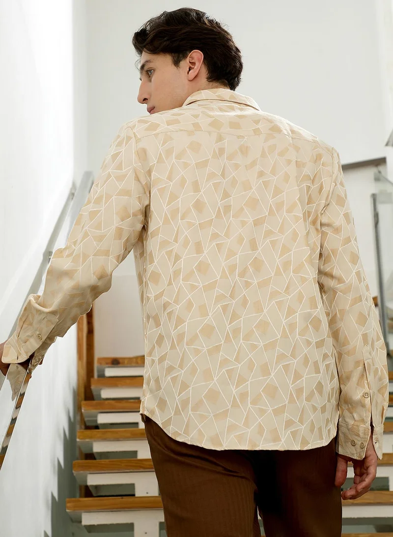 Campus Sutra Men's Beige Geometric Pattern Cotton Blend Full Sleeve Shirt