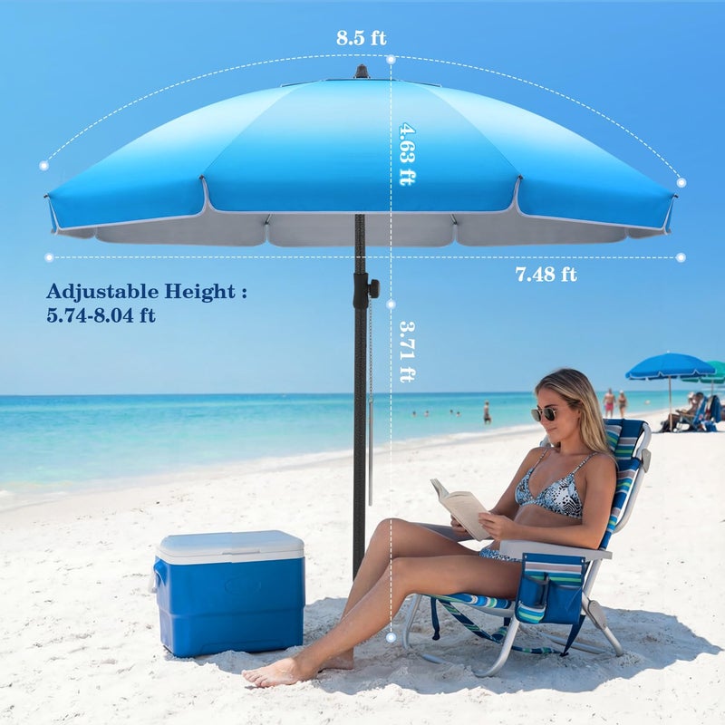 UIRWAY 8.5FT Beach Umbrella, Heavy Duty Windproof Beach Umbrellas with Sand Anchor & Tilt, Sun Protection Portable Beach Umbrella with Carrying Bag for Beach, Patio Garden Pool Outdoor - Image 5
