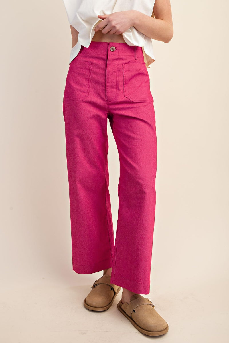 miduo Womens Casual Capris Pants Button High Waisted Cropped Straight Leg Pants Trousers with Pockets Hot Pink 27 - Image 2