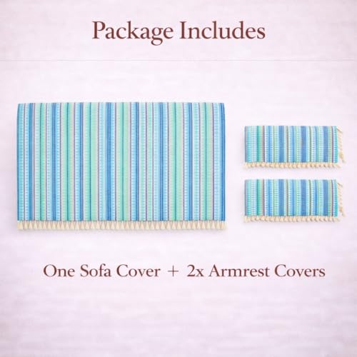 STITCHNEST Woven 5 Seater Sofa Protector with Hand Rest Covers – Blue & White Stripe Design – Washable Fabric with Tassels – Stylish Sofa Cover for Modern Living Room & Furniture Décor - Image 2