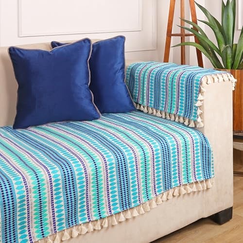 STITCHNEST Woven 5 Seater Sofa Protector with Hand Rest Covers – Blue & White Stripe Design – Washable Fabric with Tassels – Stylish Sofa Cover for Modern Living Room & Furniture Décor - Image 1