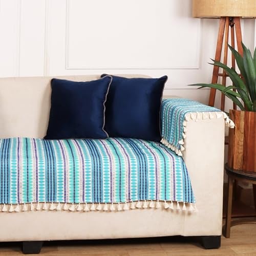 STITCHNEST Woven 5 Seater Sofa Protector with Hand Rest Covers – Blue & White Stripe Design – Washable Fabric with Tassels – Stylish Sofa Cover for Modern Living Room & Furniture Décor - Image 5