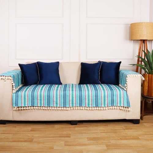 STITCHNEST Woven 5 Seater Sofa Protector with Hand Rest Covers – Blue & White Stripe Design – Washable Fabric with Tassels – Stylish Sofa Cover for Modern Living Room & Furniture Décor - Image 4