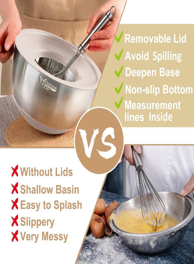 Wildone Mixing Bowls with Airtight Lids, 27 PCS Stainless Steel Nesting Bowls, with 3 Grater Attachments, Scale Mark & Non-Slip Bottom, Size 5, 4, 3, 2, 1.5, 1, 0.63QT, Ideal for Mixing & Prepping - Image 3