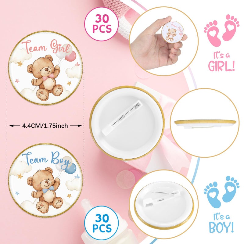 Landical 60 Pcs Bear Gender Reveal Pins, Funny Baby Shower Team Gender Reveal Decorations for Party Supplies Blue and Pink Team Button Pins Games Decorations - Image 2