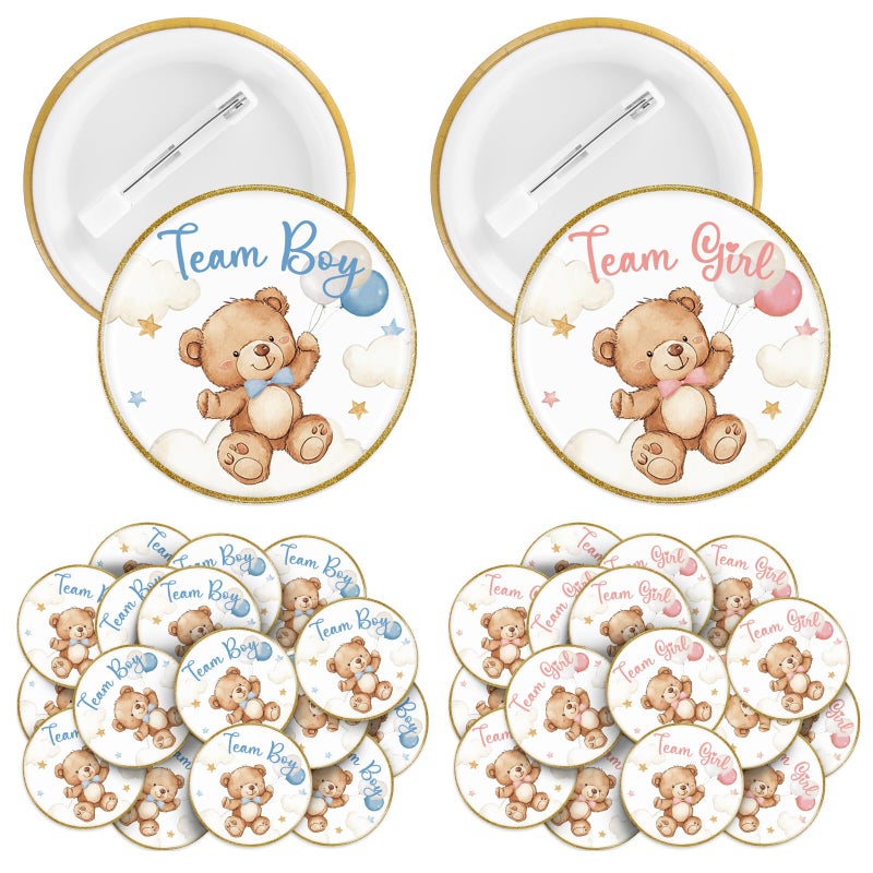 Landical 60 Pcs Bear Gender Reveal Pins, Funny Baby Shower Team Gender Reveal Decorations for Party Supplies Blue and Pink Team Button Pins Games Decorations - Image 1
