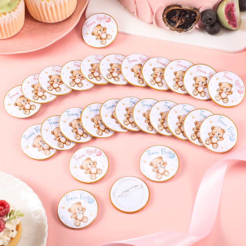 Landical 60 Pcs Bear Gender Reveal Pins, Funny Baby Shower Team Gender Reveal Decorations for Party Supplies Blue and Pink Team Button Pins Games Decorations - Image 5