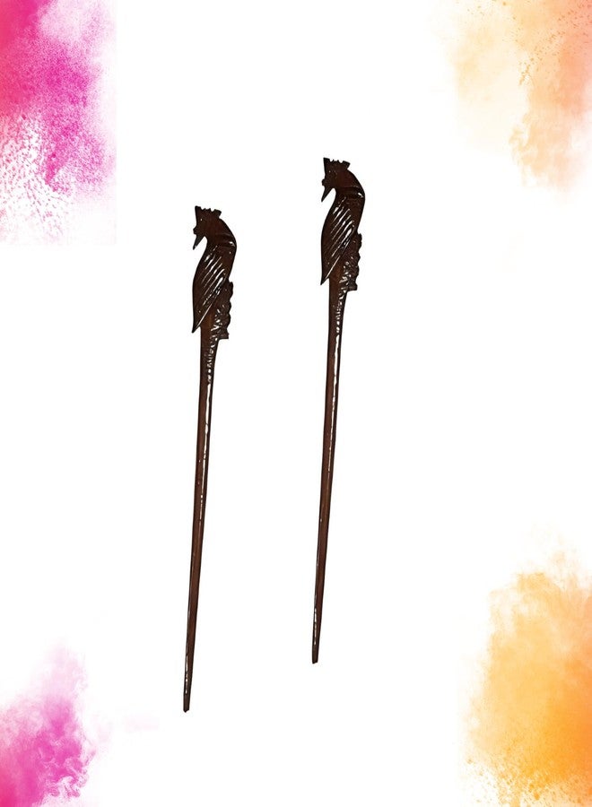 Salvus App SOLUTIONS Brown Marble Peacock Design Juda Stick/Bun Stick for Women & Girls Hair Accessory, Set of 2 - Image 1