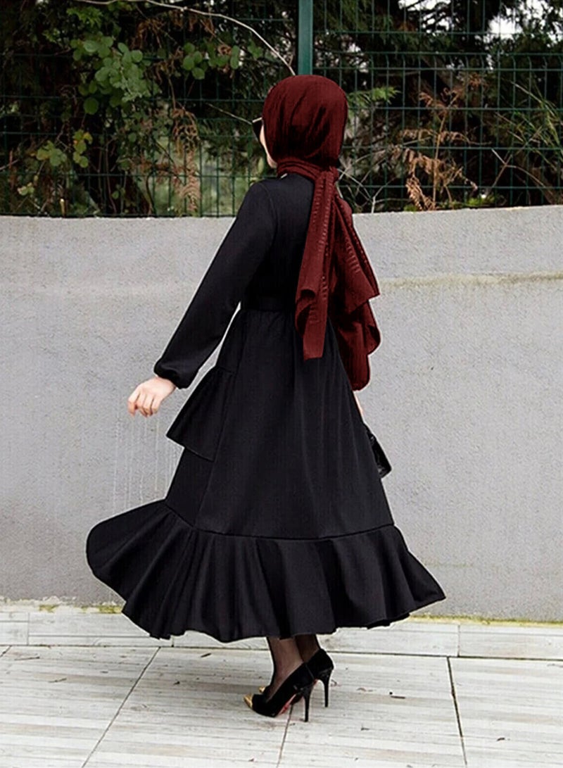 Elegant Middle Eastern-Inspired Dress with Pleated Hem and Stylish Belt - Perfect for Muslim Professional Women and Versatile Occasions - Image 3