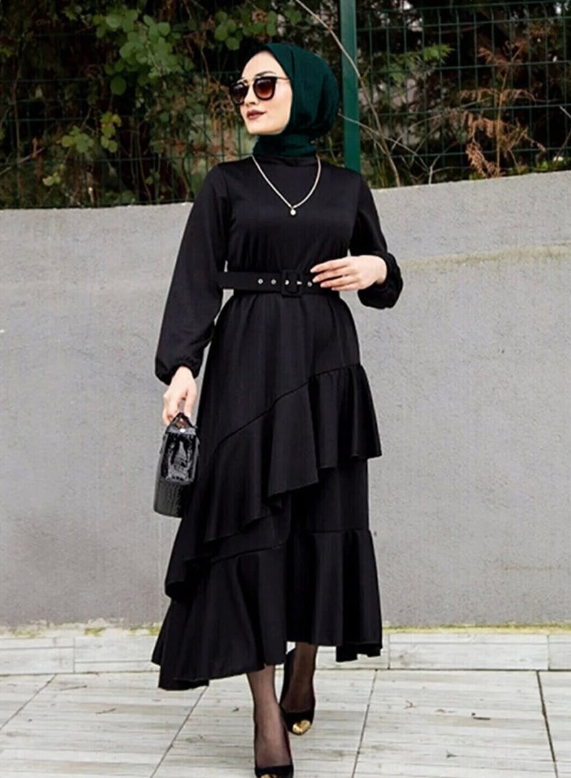 Elegant Middle Eastern-Inspired Dress with Pleated Hem and Stylish Belt - Perfect for Muslim Professional Women and Versatile Occasions - Image 1