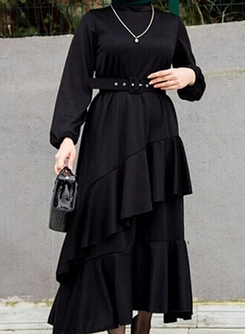 Elegant Middle Eastern-Inspired Dress with Pleated Hem and Stylish Belt - Perfect for Muslim Professional Women and Versatile Occasions - Image 5