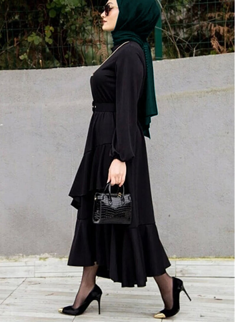 Elegant Middle Eastern-Inspired Dress with Pleated Hem and Stylish Belt - Perfect for Muslim Professional Women and Versatile Occasions - Image 2