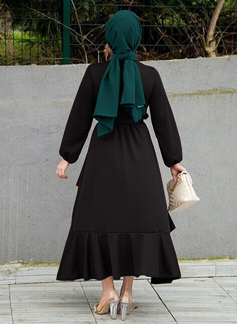 Elegant Middle Eastern-Inspired Dress with Pleated Hem and Stylish Belt - Perfect for Muslim Professional Women and Versatile Occasions - Image 4