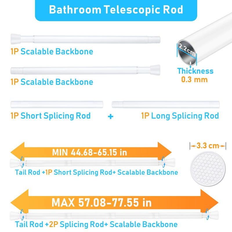 MEXAU Shower Curtain Rod 45-77 Inch White Shower Rod 7/8" Tension Curtain Rod Adjustable Curtain Rods No Drilling Shower Tension Rod Shower Curtain Tension Rod for Bathroom Windows Doorways - Image 2