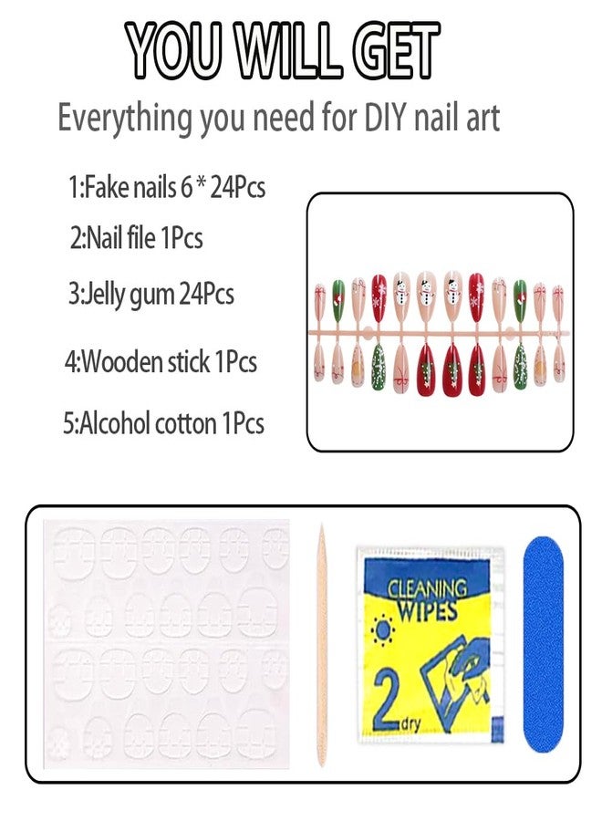 Hrnsnails Christmas Press On Nails - Almond Shaped Press On Nails Medium Fake Nails With Snowflake Snowman Gloves Designs Acrylic Artificial Glue On False Nail Press Ons Stick On Nails For Women - Image 5