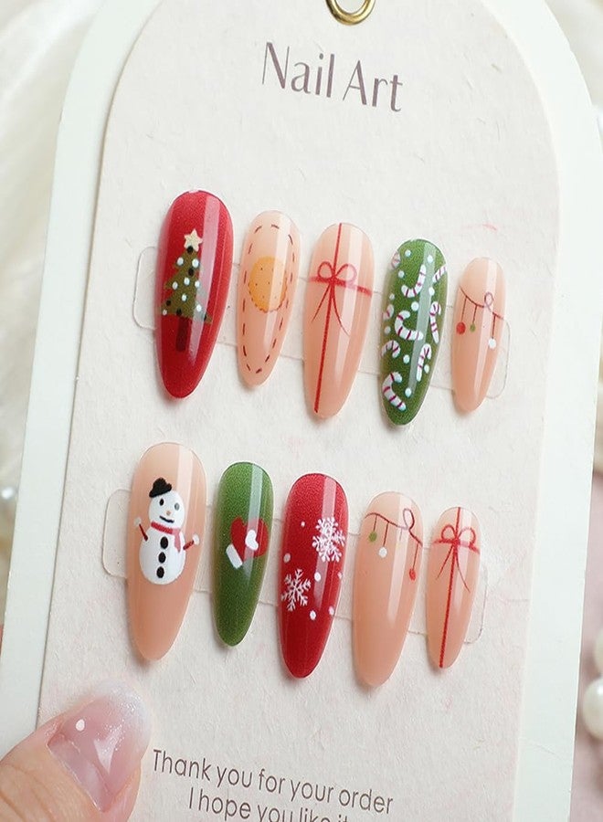 Hrnsnails Christmas Press On Nails - Almond Shaped Press On Nails Medium Fake Nails With Snowflake Snowman Gloves Designs Acrylic Artificial Glue On False Nail Press Ons Stick On Nails For Women - Image 1