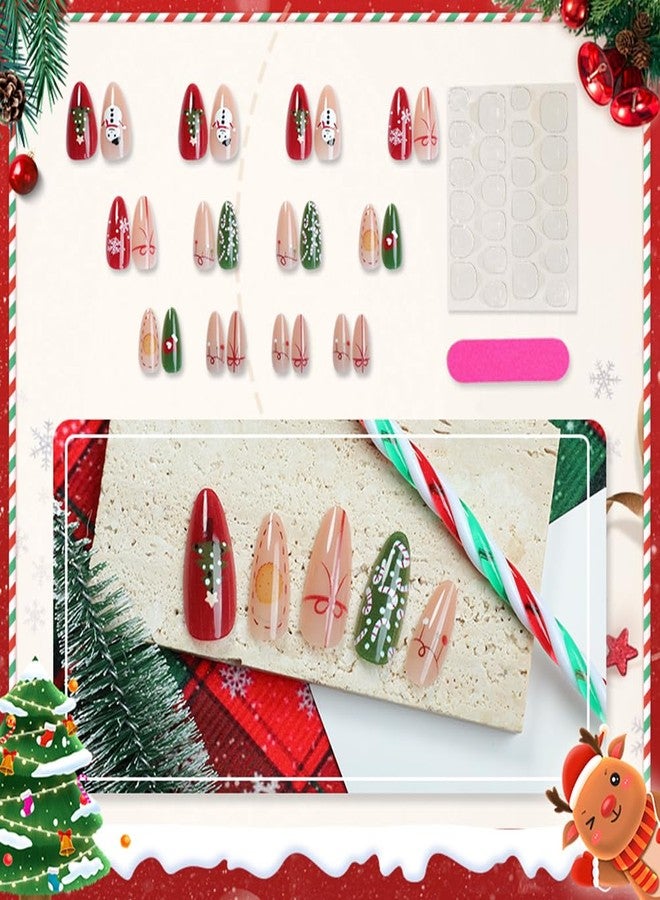 Hrnsnails Christmas Press On Nails - Almond Shaped Press On Nails Medium Fake Nails With Snowflake Snowman Gloves Designs Acrylic Artificial Glue On False Nail Press Ons Stick On Nails For Women - Image 2