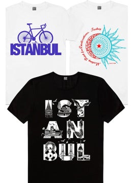 Rock&Roll Istanbul Bicycle White, Turkey Crescent Star White, Istanbul Letters Black Men's 3-Piece Eco Pack T-Shirt  - Image 1