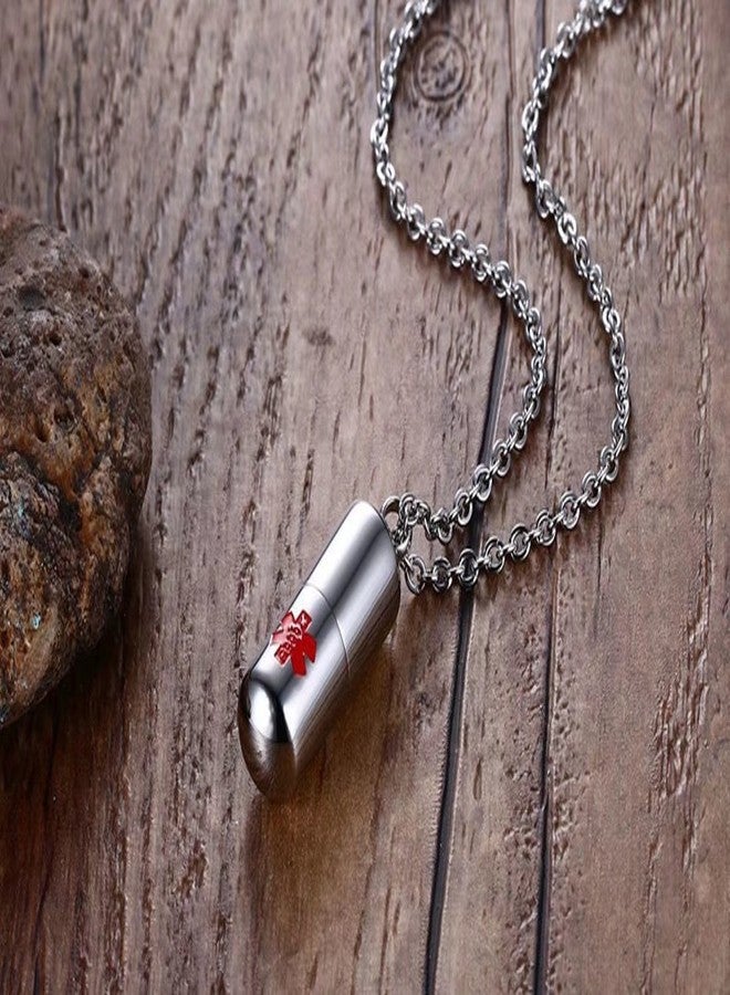 DIB Stainless Steel Medical Alert ID Pill Bottle Container Pendant Necklace for Men Women, Free Chain 20" - Image 3
