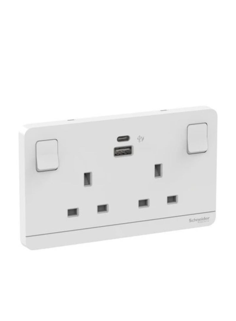 Schneider مقبس مزدوج 2 من شنايدر إلكتريك أفاتار أون 13A مع شاحن USB، نوع A+C، 21W، أبيض – E83T25ACUSB_WE_G12