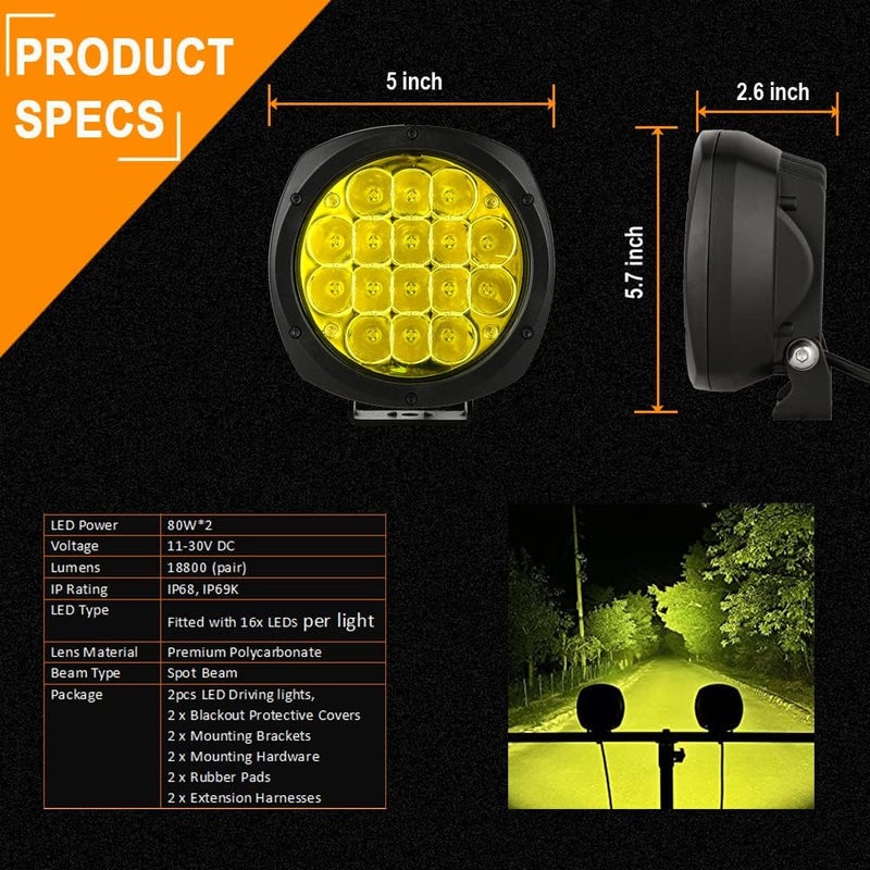 BIGLION.X 5 Inch 160W Amber Round LED Offroad Lights - 18800LM Waterproof Fog Lights for Trucks, SUVs, ATVs, UTVs - Image 3