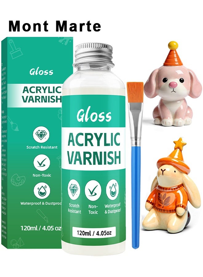 مونت مارتي ورنيش طيني لامع 120 مل، طلاء طيني يجف بالهواء، تشطيب لامع مقاوم للماء للطين الذي يجف بالهواء، للسيراميك والطلاءات الأكريليك والزيتية، يمنع التشقق والاصفرار حماية بدرجة احترافية، ورنيش طيني مقاوم للخدوش ومقاوم للماء للسيراميك مع مجموعة فرشاة واحدة - Image 1