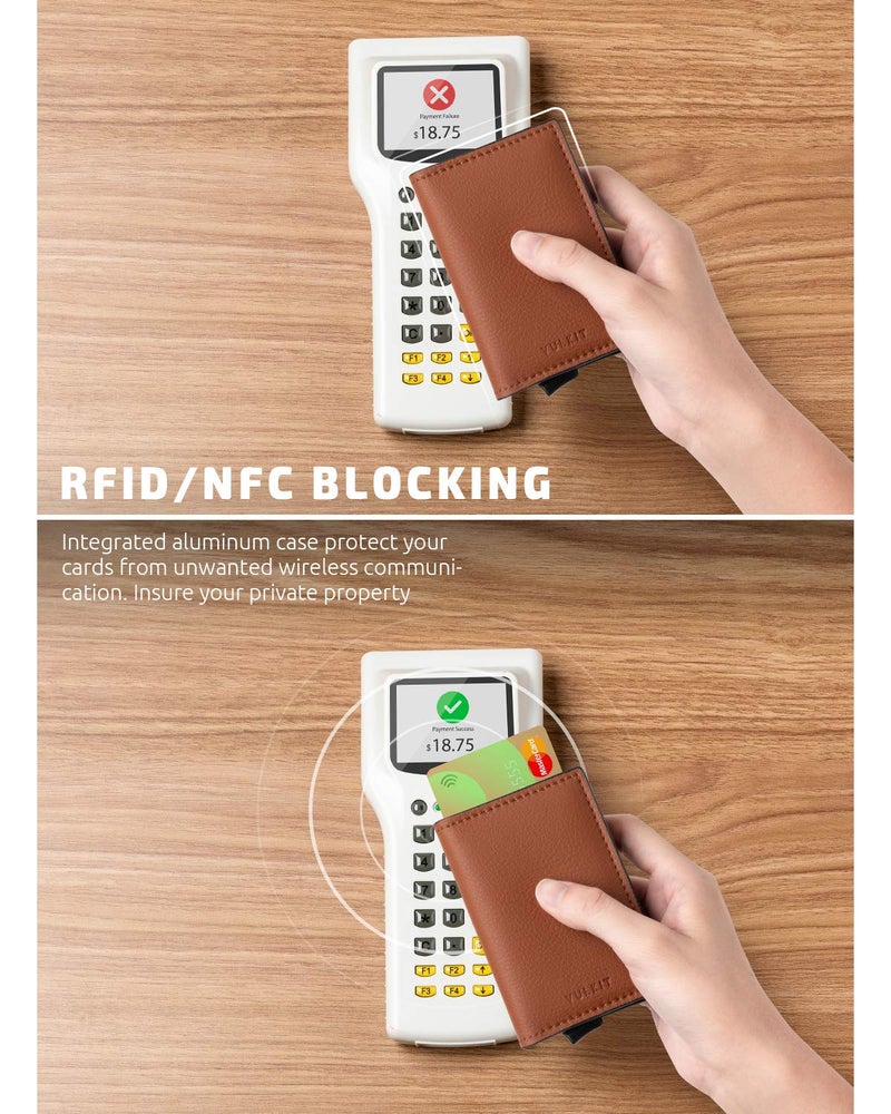 VULKIT VULKIT Credit Card Holder RFID Blocking Leather Automatic Pop Up Wallet Aluminum Slim Pocket Bifold Business Card Case Brown  - Image 3