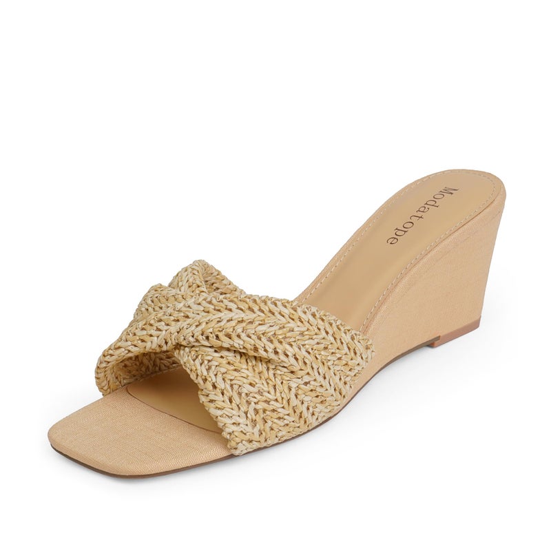 Modatope Beige Wedge Sandals for Women Braided Slip on Wedge Heels Open Square Toe Summer Sandals Women Raffia Womens Heels Size 8 - Image 1
