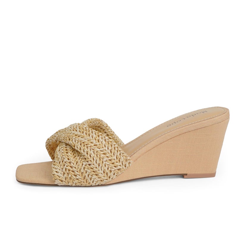 Modatope Beige Wedge Sandals for Women Braided Slip on Wedge Heels Open Square Toe Summer Sandals Women Raffia Womens Heels Size 8 - Image 4