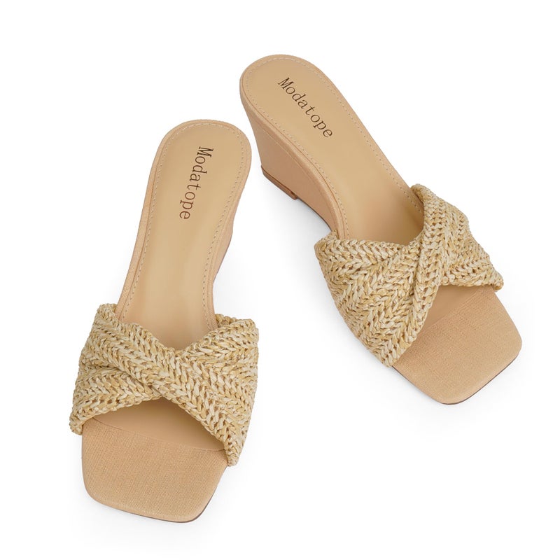 Modatope Beige Wedge Sandals for Women Braided Slip on Wedge Heels Open Square Toe Summer Sandals Women Raffia Womens Heels Size 8 - Image 5