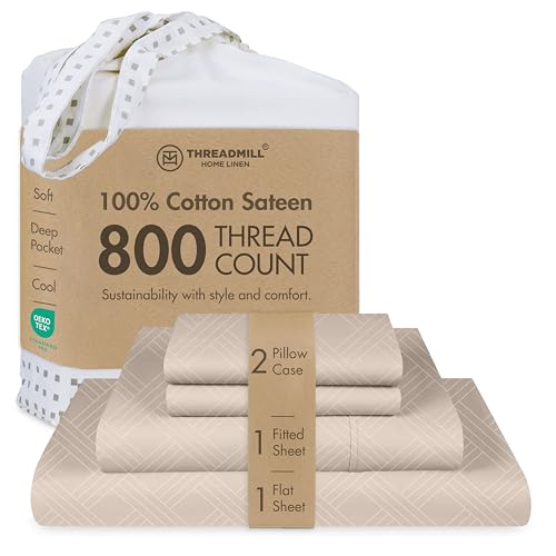 Threadmill King Size Sheets for King Mattress | 800 Thread Count Jacquard Celine Light Beige | Better Than Egyptian Cotton | 4 Pc Bed Sheets | Damask Sheet Fits 16'' Deep Pocket | 100% Cotton Sheets - Image 1