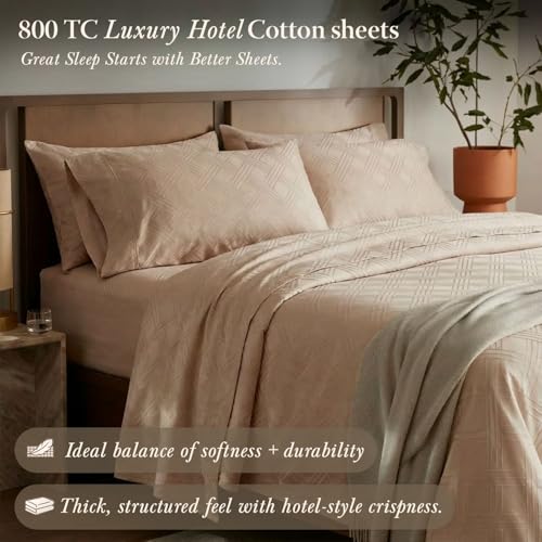 Threadmill King Size Sheets for King Mattress | 800 Thread Count Jacquard Celine Light Beige | Better Than Egyptian Cotton | 4 Pc Bed Sheets | Damask Sheet Fits 16'' Deep Pocket | 100% Cotton Sheets - Image 2
