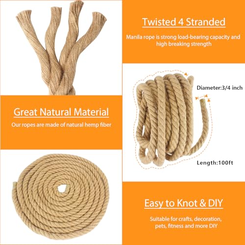 DEDU Manila Rope 3/4 Inch X 100 Ft, Natural Hemp Rope 4 Strand Twisted, Thick for Crafts Heavy Duty Multipurpose for Swing Bed, Camping, Tug of War, Docks, DIY Projects. - Image 3