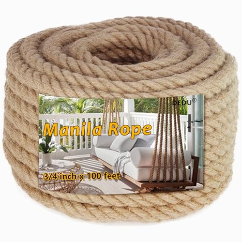 DEDU Manila Rope 3/4 Inch X 100 Ft, Natural Hemp Rope 4 Strand Twisted, Thick for Crafts Heavy Duty Multipurpose for Swing Bed, Camping, Tug of War, Docks, DIY Projects. - Image 1