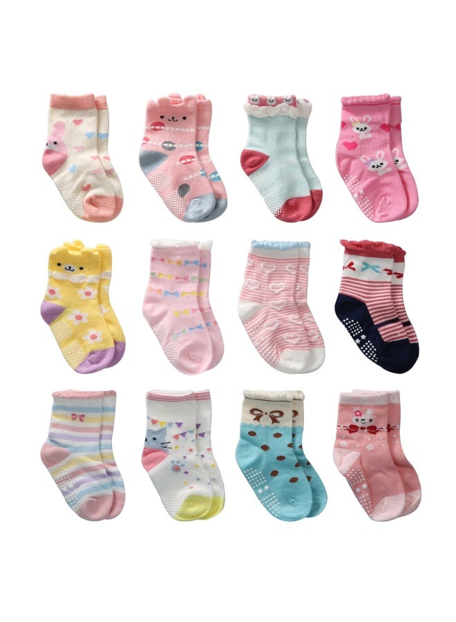 Cottock 12 Pairs Baby Socks For Girls Cotton Grips Socks Toddler Girl Anti Slip Crew Socks For Kids - Image 1