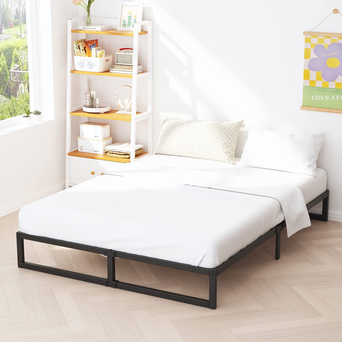 Richwanone 8 Inch King Size Bed Frame Metal Platform Mattress Foundation with Steel Slat Support No Box Spring Needed Easy Assembly Black