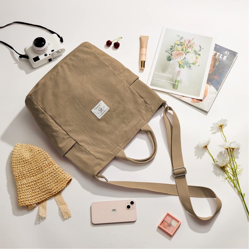 KALIDI Corduroy Tote Bag, Large Messenger Bag Shoulder Hobo Anti Splash Crossbody Zipper Bag Casual Work Shopping Women (Light Kakhi) - Image 3