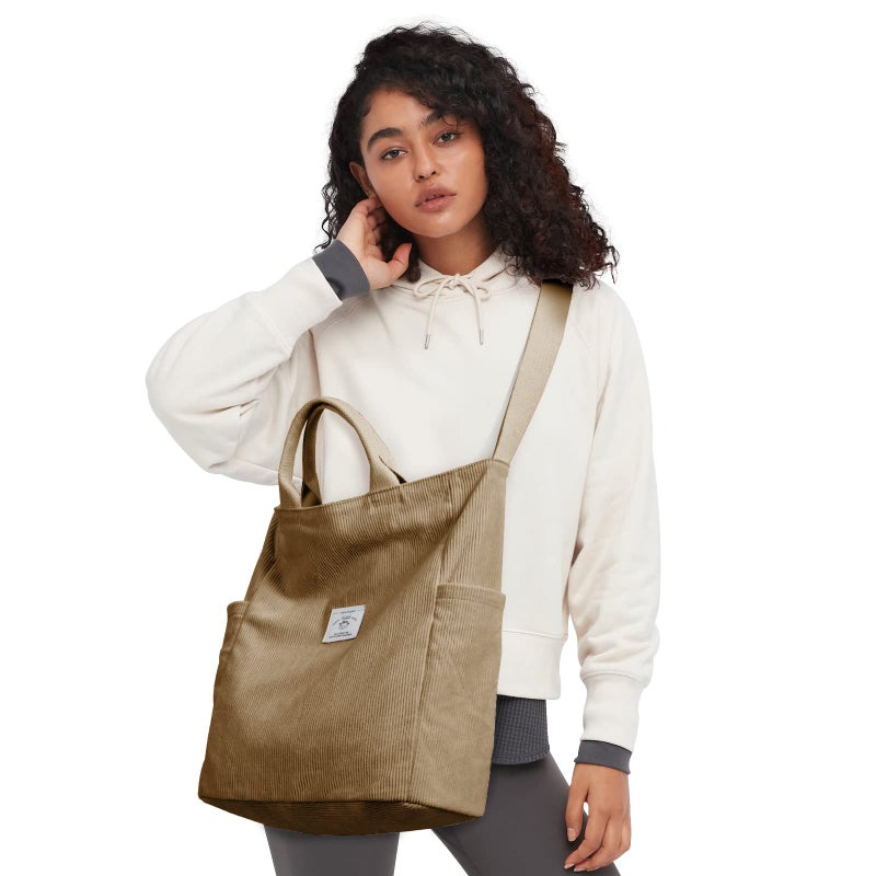 KALIDI Corduroy Tote Bag, Large Messenger Bag Shoulder Hobo Anti Splash Crossbody Zipper Bag Casual Work Shopping Women (Light Kakhi) - Image 2