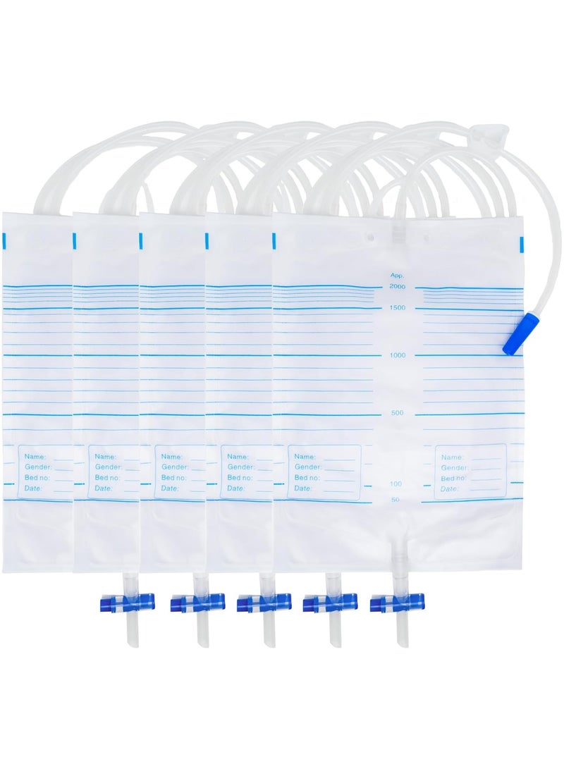 SYOSI 5 قطع كيس تصريف البول، أكياس بولية، مضادة للارتجاع، سعة 2000 مل، مشابك و خطاف تعليقي، كيس بولي محترف للاستخدام المنزلي والمستشفيات لمساعدات صحية - Image 1