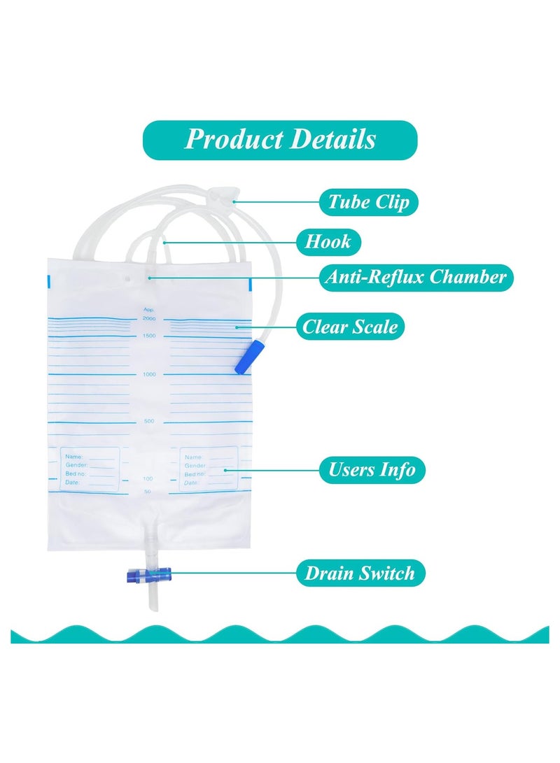 SYOSI 5 قطع كيس تصريف البول، أكياس بولية، مضادة للارتجاع، سعة 2000 مل، مشابك و خطاف تعليقي، كيس بولي محترف للاستخدام المنزلي والمستشفيات لمساعدات صحية - Image 5