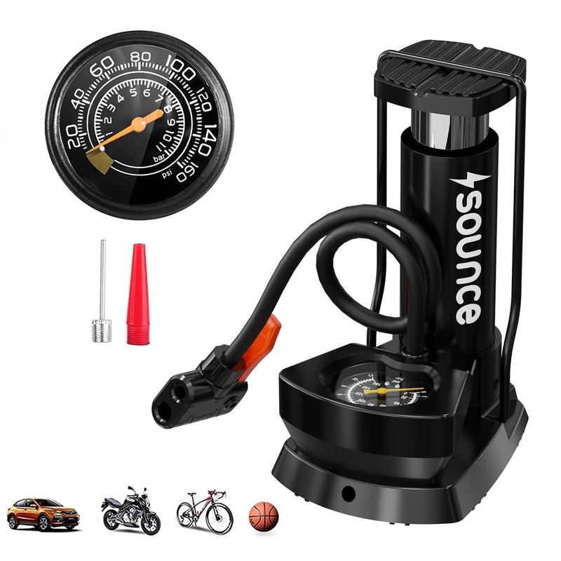 Sounce Portable High Pressure Foot Air Pump Heavy Compressor Cylinder with Gauge Floor for Bicycle, Car and Motorbike for Football Cycle Pumps for Bicycle for Tubeless - Black - Image 1