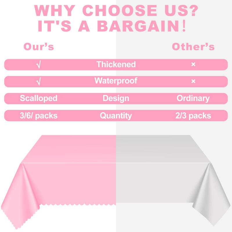 NatNarr 6 Pack Plastic Pink Tablecloth, 54 X 108Inch Party Table Covers Pink Scalloped Table Cloths for Rectangle Tables Disposable Tables Cover for Picnic Baby Shower Tea Party Wedding Bridal - Image 5