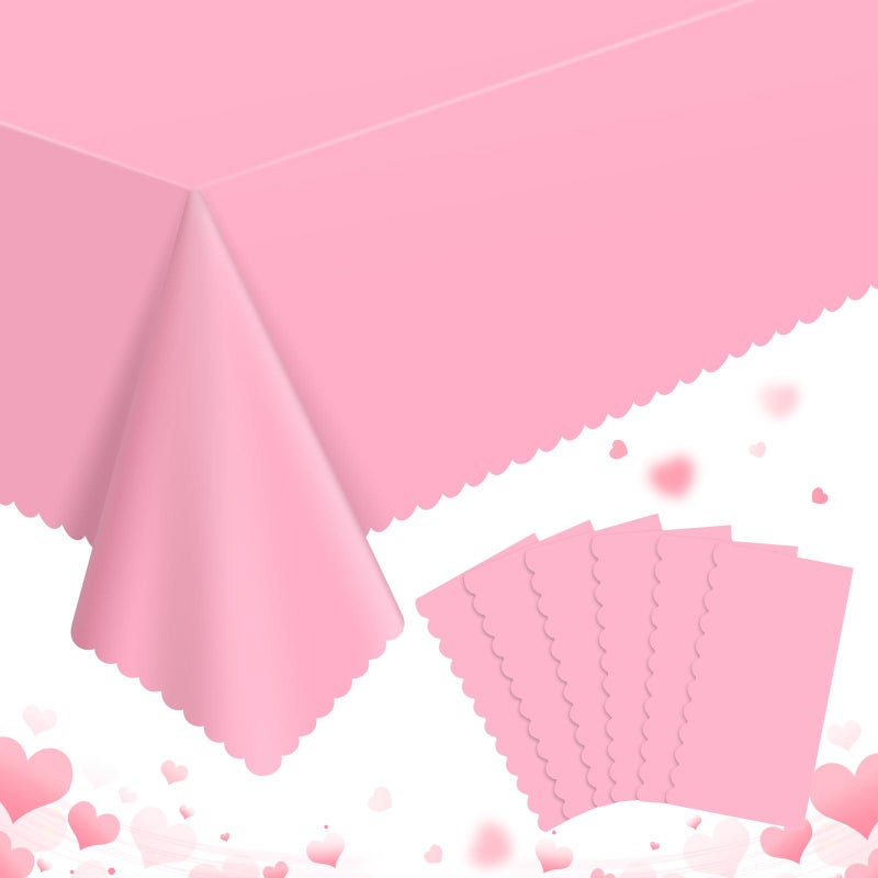 NatNarr 6 Pack Plastic Pink Tablecloth, 54 X 108Inch Party Table Covers Pink Scalloped Table Cloths for Rectangle Tables Disposable Tables Cover for Picnic Baby Shower Tea Party Wedding Bridal - Image 1