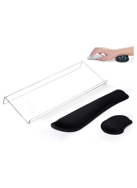 Clear Computer Keyboard Stand for Desk with Mouse and Keyboard Wrist Rest Pad, 3 PCS Acrylic Ergonomic Keyboard Holder Set for Working, Keyboard Riser with Rubber Strip for Home,Office,School-17.7”x6”
