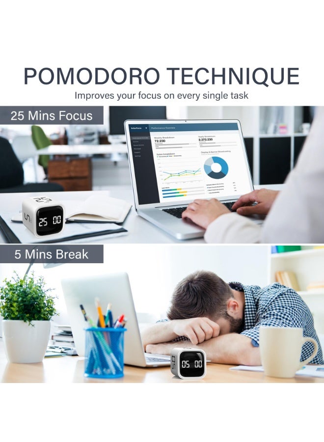 Multifunctional Cube Timer, Large LCD Display With Soft Blue Backlight, 5/10/30/60 Min Countdown & Pause/Resume, Silent/Vibrate/Adjustable Sound Alarm, Digital Clock for Study/Work/Kitchen/Bedside, Durable ABS Material (White ) - Image 4