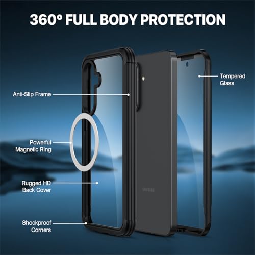 CENHUFO Magnetic Case for Samsung Galaxy A37 5G / A36 5G / A56 5G, Full Body Phone Case Built-in 9H Tempered Glass Screen Protector [Compatible with Magsafe] Shockproof Bumper Clear Cover - Black - Image 2
